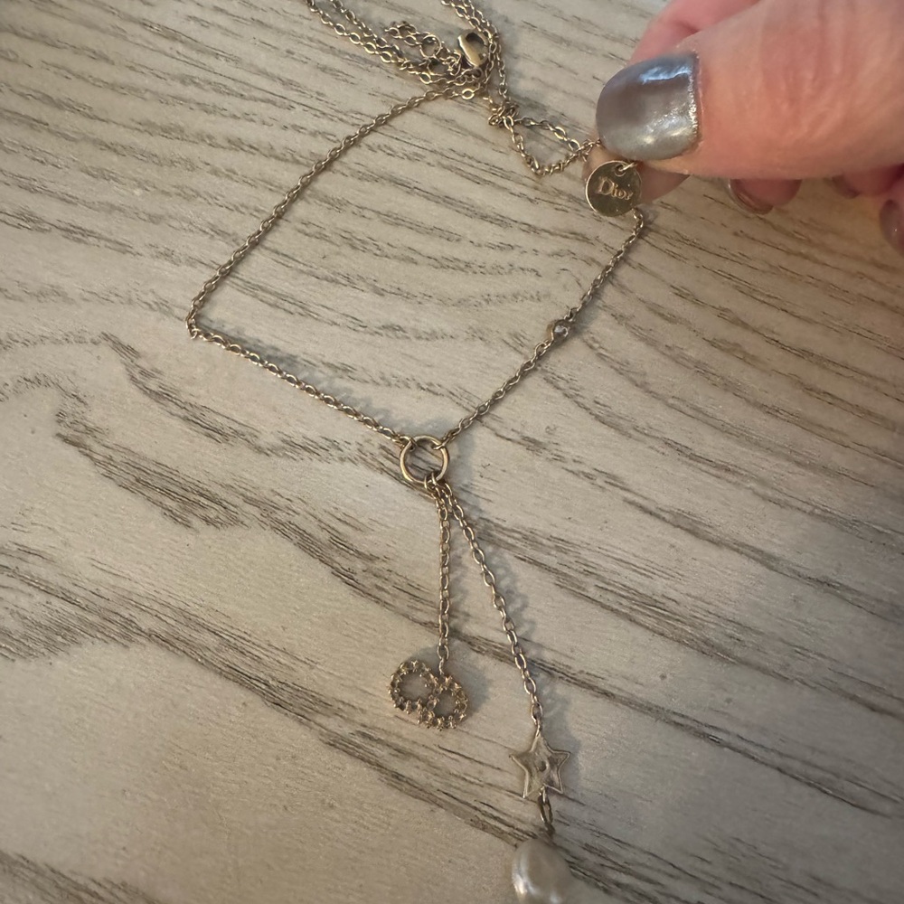 Christian Dior Gold Necklace with Star and Pearl Charms/ cd and stone